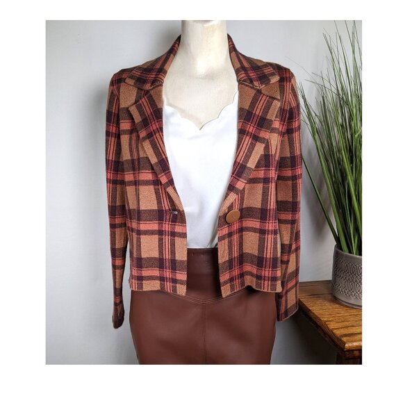 TAHARI Burnt Orange Plaid Semi Crop Cropped Sweater Blazer Jacket Wm Sz S NWOT - Picture 1 of 8